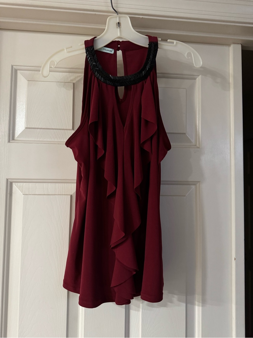 Maurices Burgundy Ruffle Halter Top with Embellished Neckline